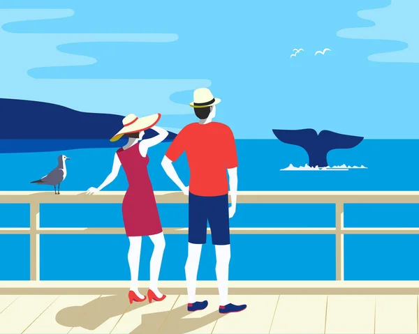 Φάλαινα ουρά στον ωκεανό βλέποντας τουρισμού επίπεδη διάνυσμα — Διανυσματικό Αρχείο