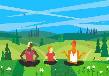 Aile yoga yaparken vahşi doğa üzerinde birlikte.