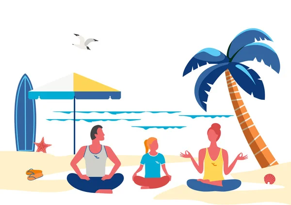 Formación de yoga familiar en playa costera de estilo sencillo — Archivo Imágenes Vectoriales