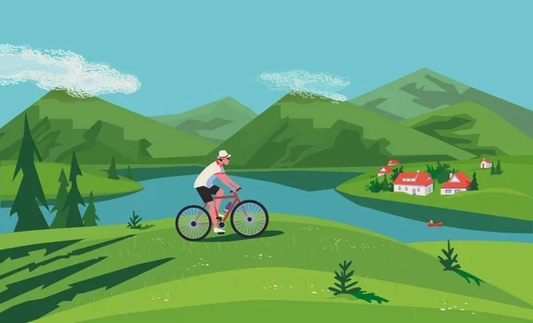 Man bicycling in green mountain lake valley vector — Stock Vector