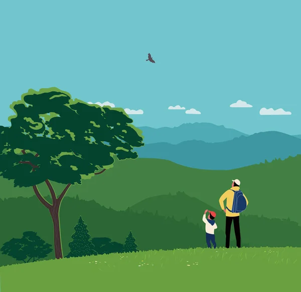 Dad and Son Hiking Together in Mountains Vector — Stock Vector