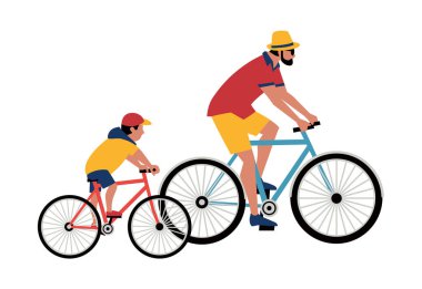 Baba ve Oğul düz renk vektörüyle bisiklete biniyorlar