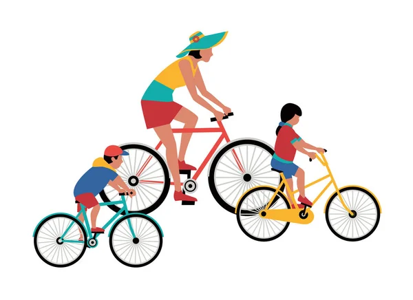 Mamma e bambini in bicicletta isolata icona vettoriale — Vettoriale Stock