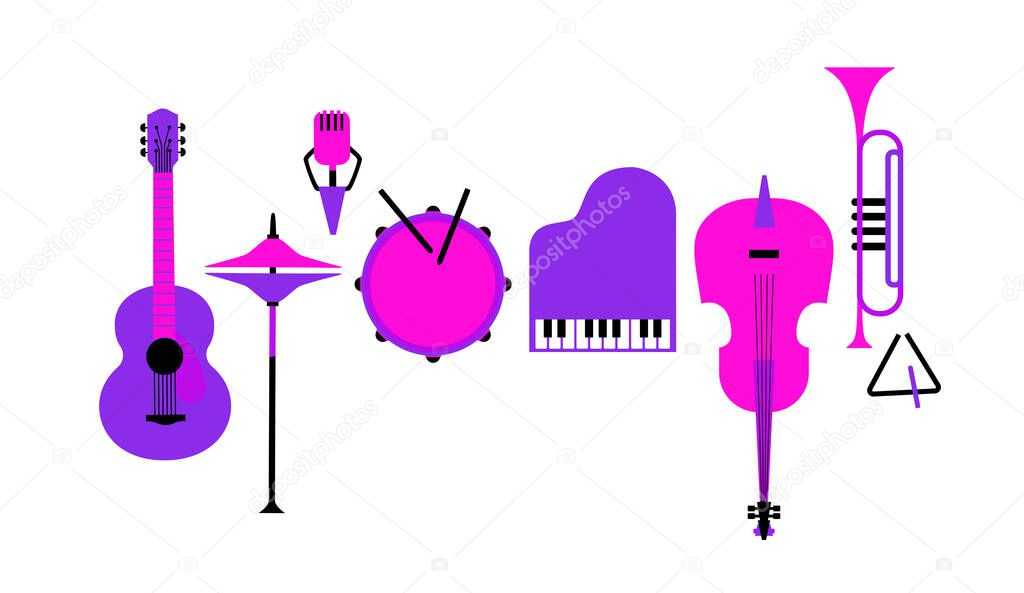Musical instruments flat color vector icon set. Drum, piano, trumpet, guitar sign cartoon design element. Musical event symbols sketch illustration. Live music entertainment template background