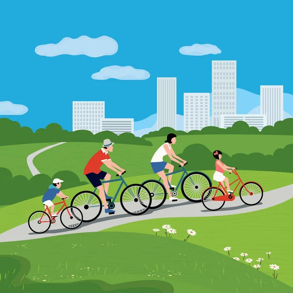 Família juntos de bicicleta no parque da cidade cartaz vetorial —  Vetores de Stock