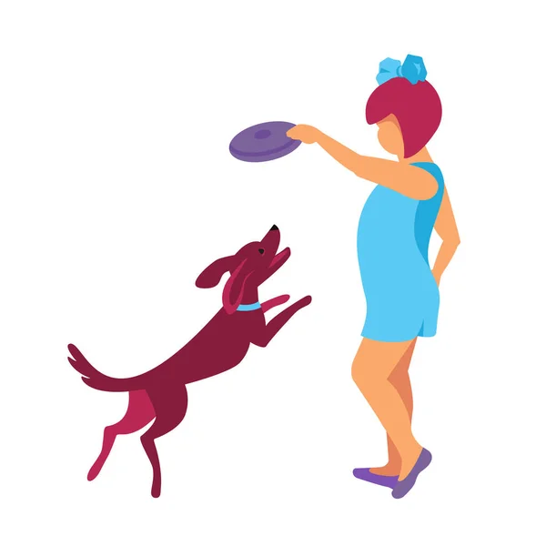 Mädchen spielt mit Hund flachen Farbvektor Symbol — Stockvektor