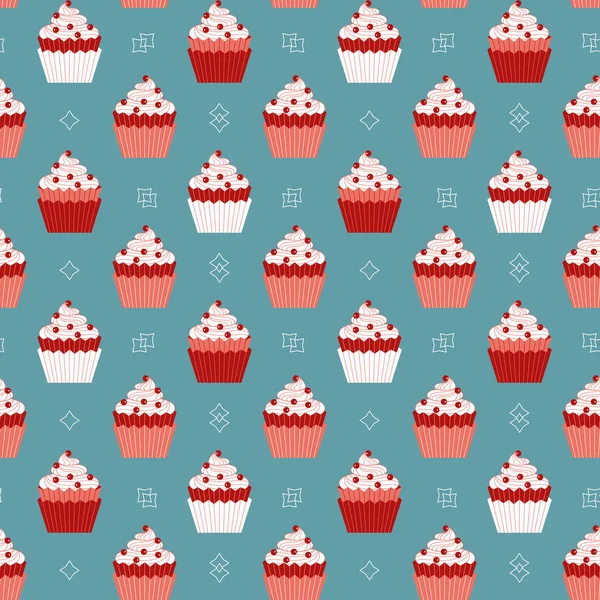 Cupcakes with red berries seamless vector pattern — Stock Vector