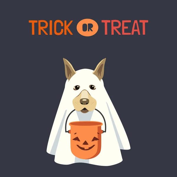 Cadılar Bayramı kova vektörlü hayalet kostümlü köpek. — Stok Vektör