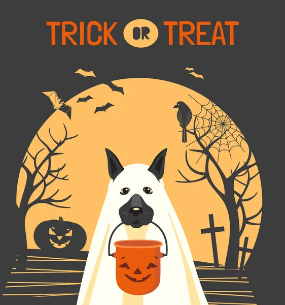 Halloween hond leuke truc of trakteer vector banner — Stockvector