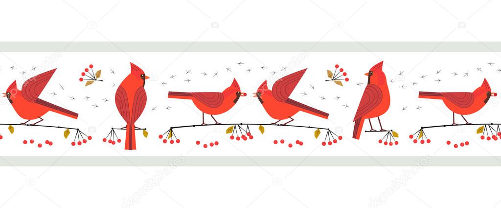 Red cardinal birds cute seamless vector border