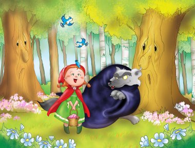 Red riding hood, big wolf and little birds clipart