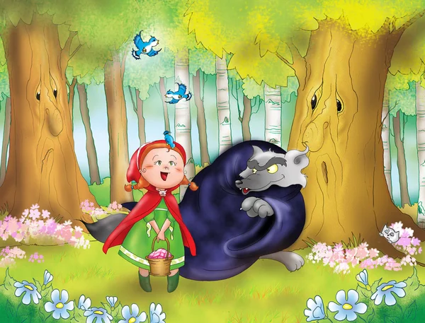 Red riding hood, big wolf and little birds — Stock Photo, Image