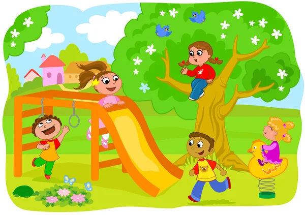 Niños felices jugando en el campo vector ilustración — Vector de stock