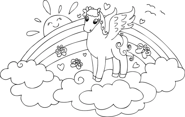 Colorir Pegasus no céu com arco-íris — Vetor de Stock