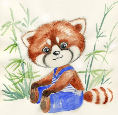 Red panda ve bambu, çocuklar için suluboya