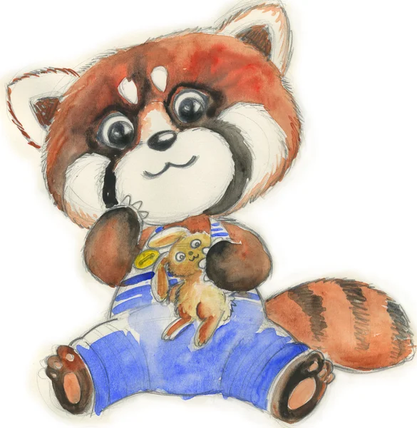 Red panda with toy, watercolor for children — Stock Photo, Image