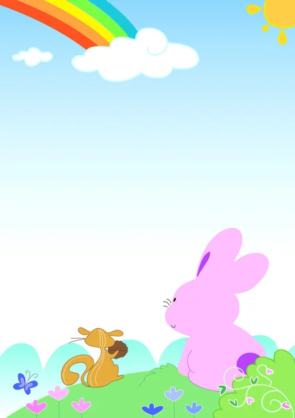 Arc-en-ciel avec drôle de lapin et écureuil — Image vectorielle