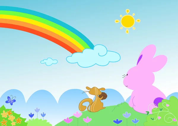 Rainbow with funny animals - vector — Stock Vector