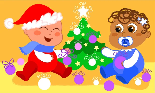 Bébés et sapin de Noël — Image vectorielle