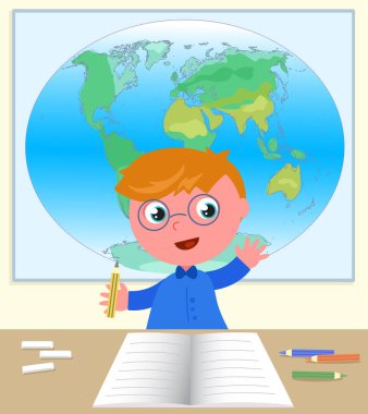 Coğrafya dersinde el kaldıran çocuk, vektör dijital illüstrasyon.