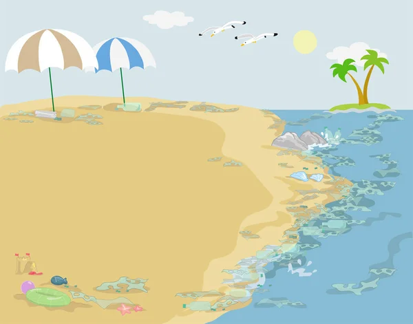 Playa Arena Llena Residuos Plástico Fondo Ilustración Vectorial — Vector de stock