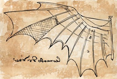 Sepia digital illustration of Leonardo da Vinci wing sketch from the flight code with his famous left-handed signature clipart