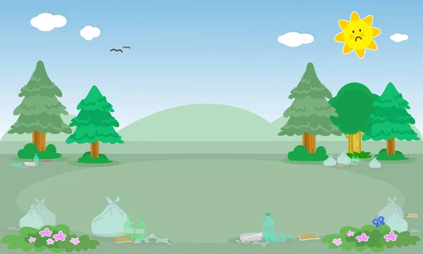 Paisaje Con Pinos Sol Muy Triste Lleno Basura Ilustración Digital — Vector de stock