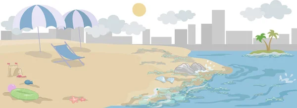 Piaszczysta Plaża Pełna Odpadów Tworzyw Sztucznych Krajobrazie Miasta Ilustracja Wektora — Wektor stockowy