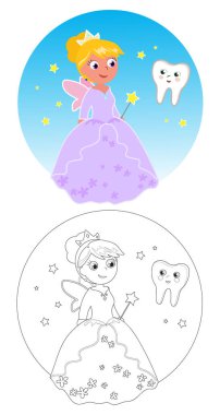 Sihirli değnekli çizgi film perisi, siyah beyaz renkli vektör çizimi..