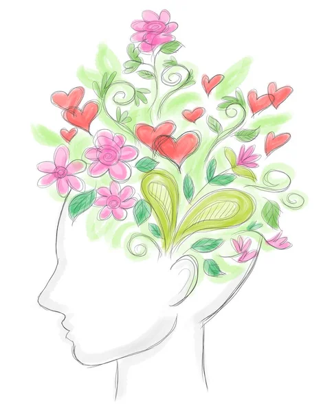 Floral Woman Head Illustration Leaves Flowers Digital Illustration Isolated White — Stock Photo, Image