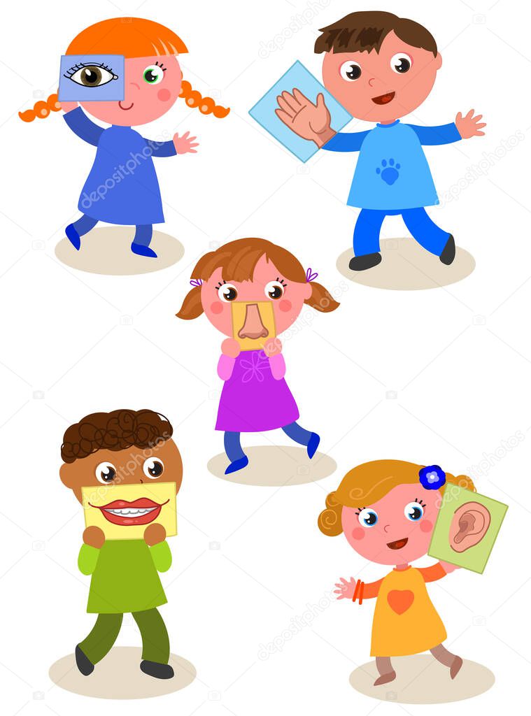Cartoon children showing five senses. Sight, Hearing, Taste, Smell and Touch. Vector illustration