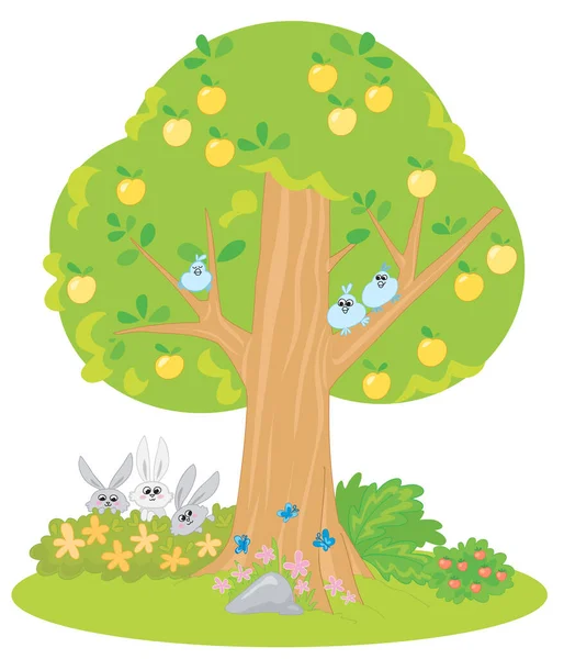 Manzano Amarillo Dibujos Animados Con Pájaros Lindos Conejos Mariposas Ilustración — Vector de stock