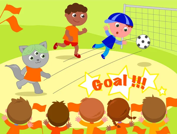 Juego Fútbol Con Jugadores Muy Diferentes Niños Niñas Incluso Verdadero — Vector de stock