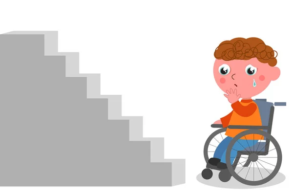 Disabled Boy Wheelchair Cries Sadly While Looking Flight Stairs Vector — Stockvector
