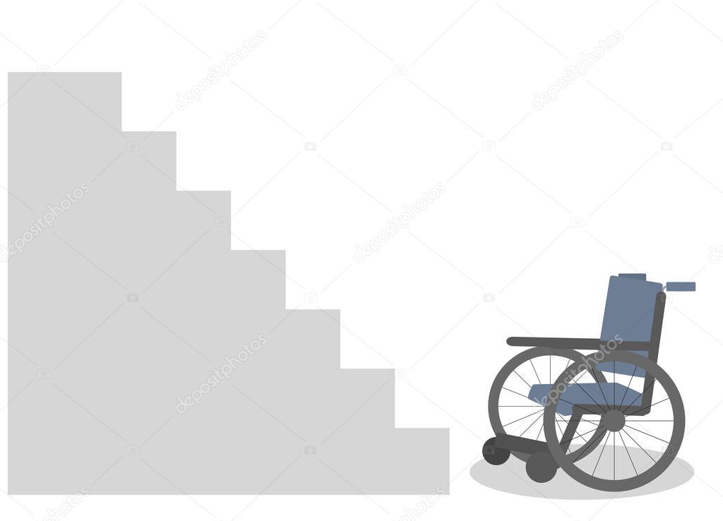 Empty wheelchair next to a steep flight of stairs, vector illustration