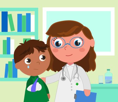 Female doctor with boy in pain with arm in plaster, vector cartoon illustration.