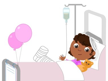 Smiling child in hospital room with broken leg and drip. Cartoon vector illustration.