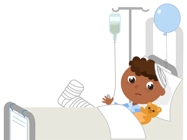 Sad Child Hospital Room Broken Leg Drip Cartoon Vector Illustration — Stock Vector