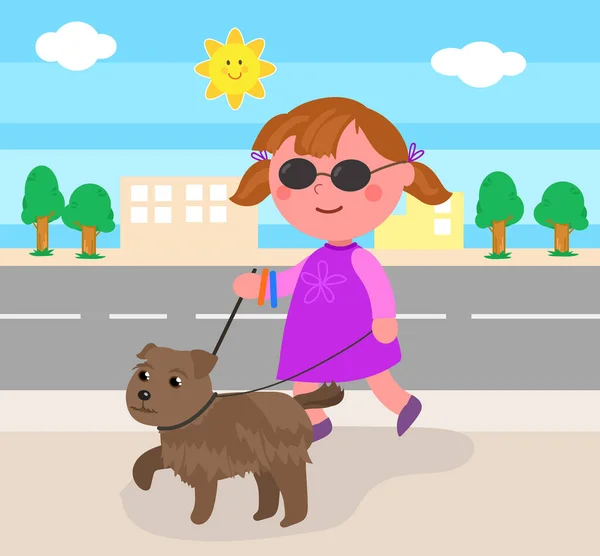 Criança Cega Andando Rua Com Seu Cão Guia Ilustração Vetorial — Vetor de Stock