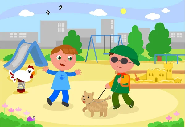 Niño Ciego Con Perro Guía Conociendo Amigo Parque Infantil Ciudad — Vector de stock