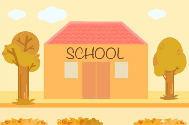 Sonbahar manzarasında okul binası. Çizgi film vektör illüstrasyonu