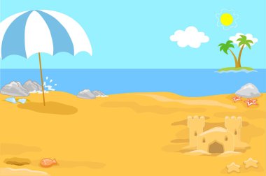 Kumlu plaj ve şemsiyeli deniz manzaralı, vektör illüstrasyonlu