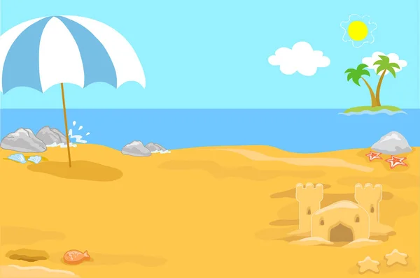 Морський Фон Піщаним Пляжем Парасолькою Векторні Ілюстрації — стоковий вектор