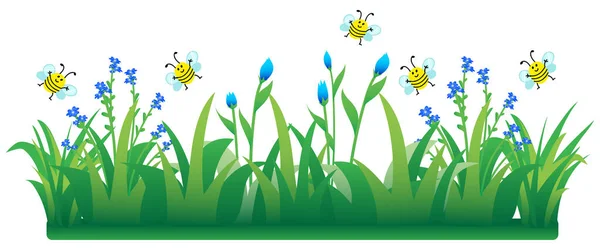 Cute Bees Flying Flowers Grass Banner Cartoon Vector Illustration — Stock Vector