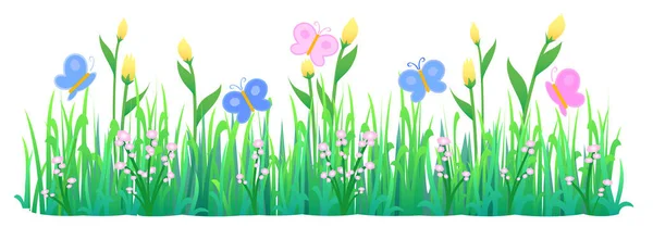 Cute Motyle Latające Kwiaty Trawy Sztandar Wektor Kreskówki Ilustracja — Wektor stockowy