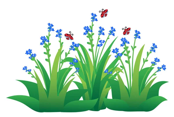 Leuke Lieveheersbeestjes Vliegen Bloemen Gras Geïsoleerde Cartoon Vector Illustratie — Stockvector