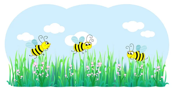 Three Cute Bees Flying Flowers Grass Cartoon Vector Illustration — Vetor de Stock