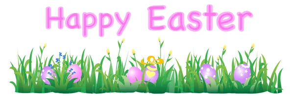 Feliz Pascua Huevos Decorados Hierba Con Flores Ilustración Banner Vector — Vector de stock