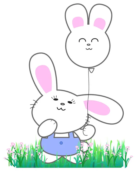 Cute Kartun Kelinci Paskah Dengan Balon Vektor Terisolasi Ilustrasi - Stok Vektor
