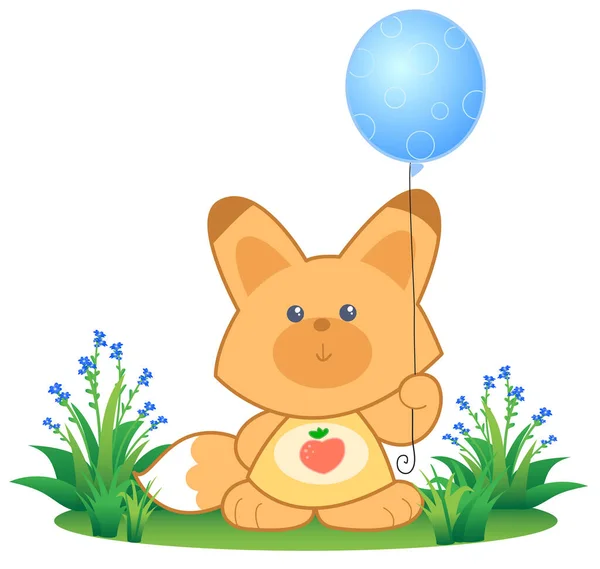 Cute Cartoon Fox Balloon Grass Vector Illustration Isolated White Background — Stock Vector